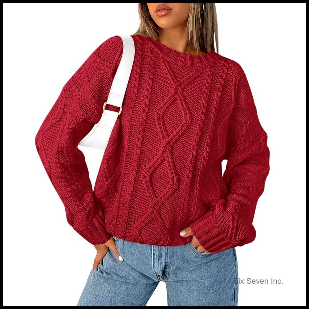 Ribbed Cable Knit Pullover Sweater Loose Fit Chunky Crewneck Fall Winter